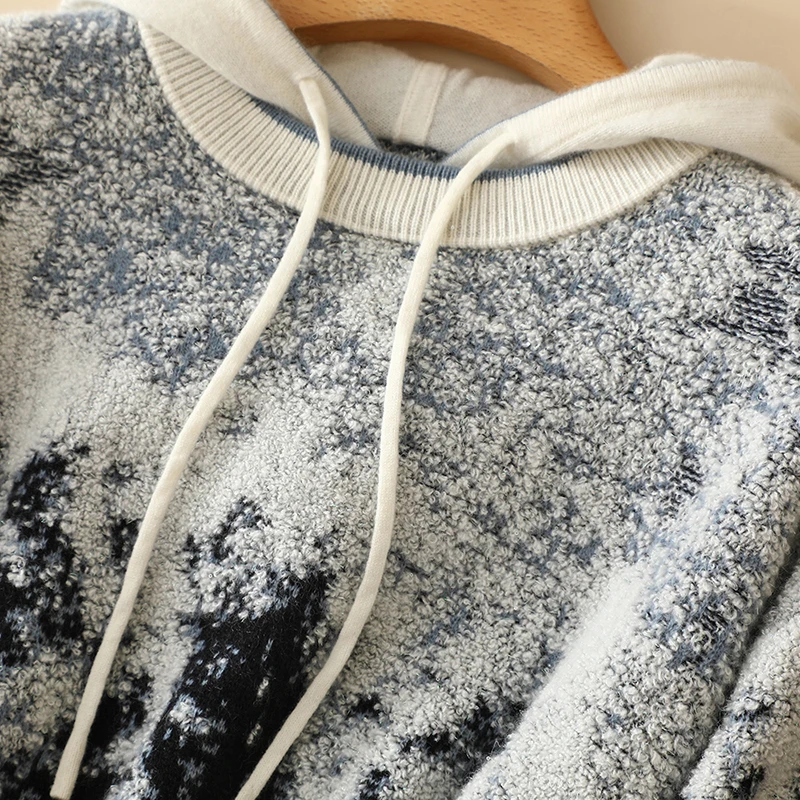 europe fashion double layer winter thick luxury 100% cashmere jacquard hoodies sweaters