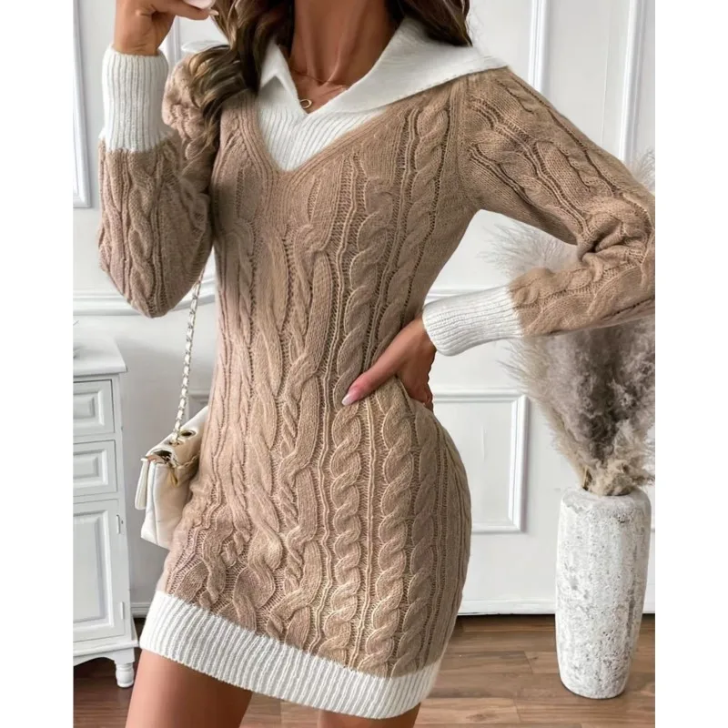 Women Elegant Tight-Fitting Sweater Knitted Dress Autumn Winter V Neck Fashion Color-Blocking Office Mini Dresses For Women