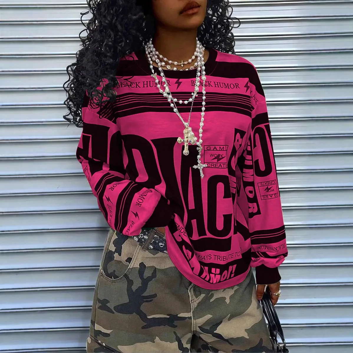 European and American women's retro sporty and trendy style long sleeve hoodie with letter-positioned printed loose pullover