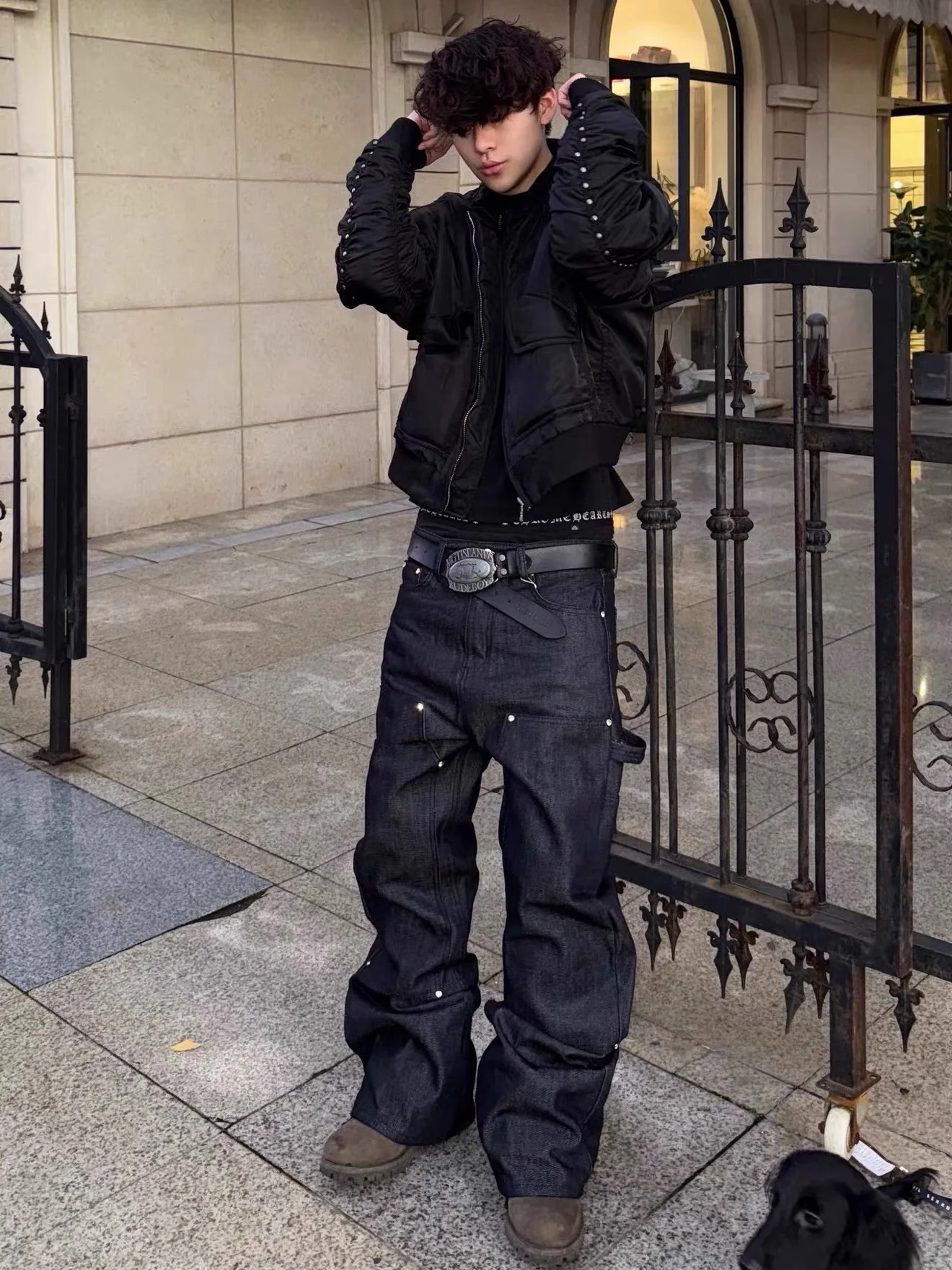 

American Retro Rivet Design Wide Leg Original Jeans Men's Apy Punk Loose Versatile Logging Long Pants Casual Straight Leg