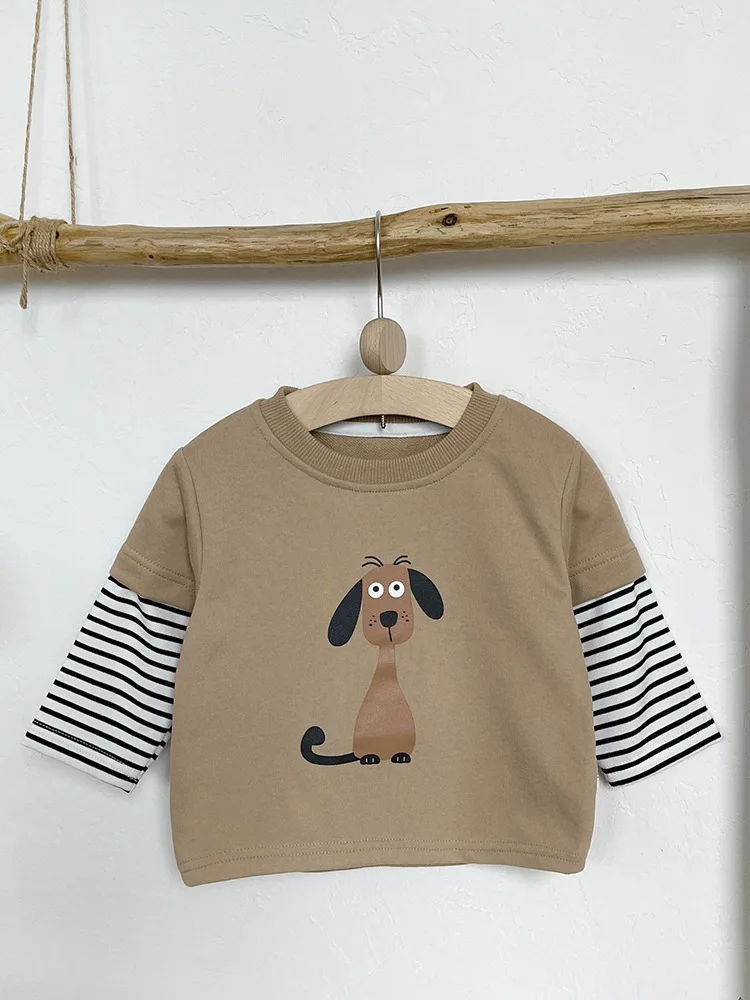 2024 Autumn New Baby Fake 2pcs Long Sleeve T Shirts Infant Boys Cotton Tops Toddler Girls Cartoon Print Casual Bottoming Shirts