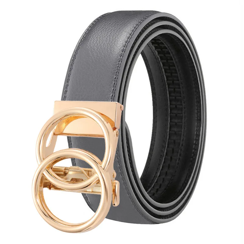 Herren Mode Einfacher Rindsledergürtel mit Doppelring-Automatikschnalle Stilvoller Gold-Silber-Legierungsgürtel für Hosen – Detail 8