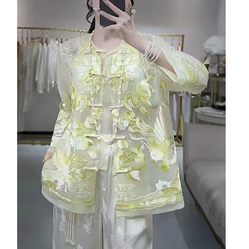 

2024 High-End Summer New Women's O-Neck Silk Organza Retro Ocean Wave Embroidery Top Single Breasted Shirt S-XXL