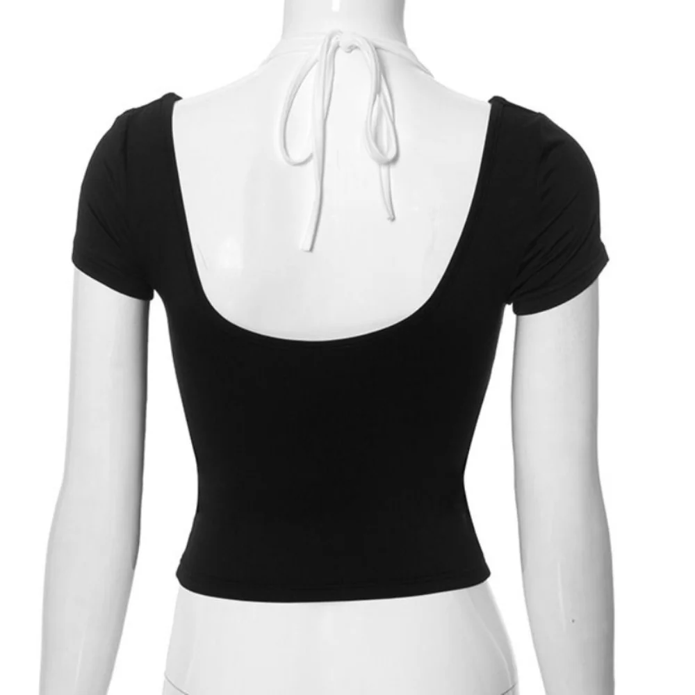 

Модная женская футболка в стиле Y2K с эффектом двухслойности, укороченный топ-халтер, облегающая, с коротким рукавом, в стиле Spicy Girl, уличная одежда