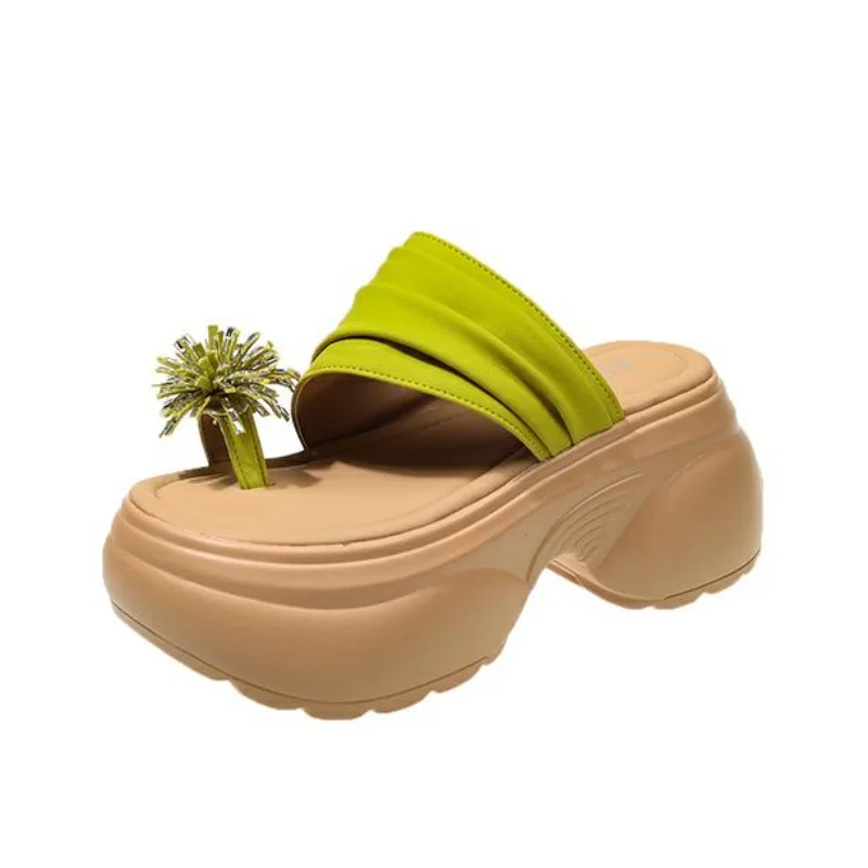

New 2026 Summer Women Clip Toe Platform Sandals Pleated Chunky Wedge Heel Slides Mules Casual Beach Party Slippers Leather Shoes