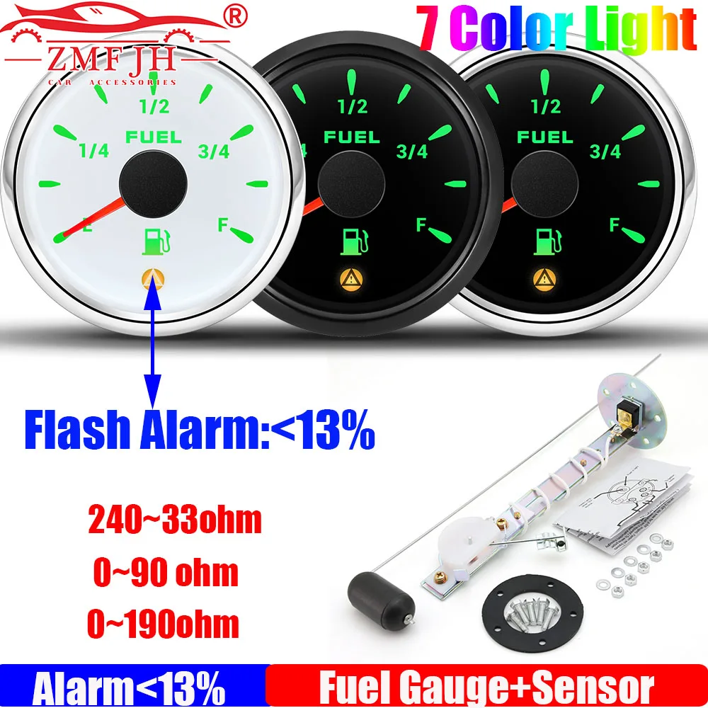 

ZMFJH 0~90ohm,240-33ohm,0-190ohm 52MM Fuel Level Gauge with Alarm Oil Float Level Sensor 7 Color Light for Marine Boat Yacht Car