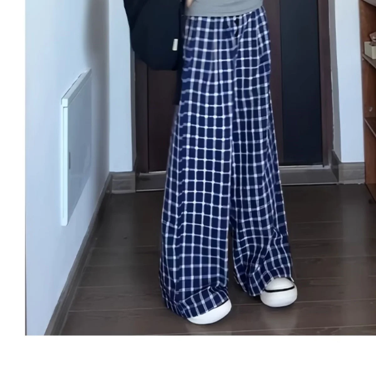 Blaue karierte Hose für Damen, lässig, Übergröße, hohe Taille, Taschen, weites Bein, Frühling, locker, Büro, Ausgehen, Spaziergang, lange Hose – Detail 13