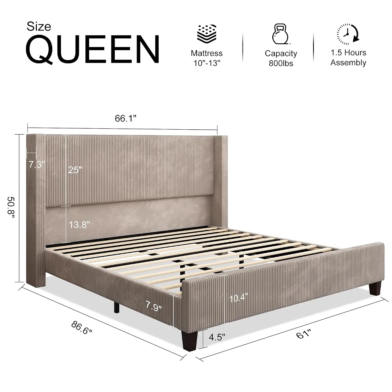 Corduroy Wingback Queen Bed Frame, 50.8