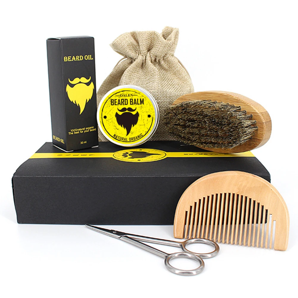 Juego de cuidado de barba para hombre, cepillo de barba, peine, aceite de barba, crema, tijeras, Kit de aseo y recorte, venta al por mayor