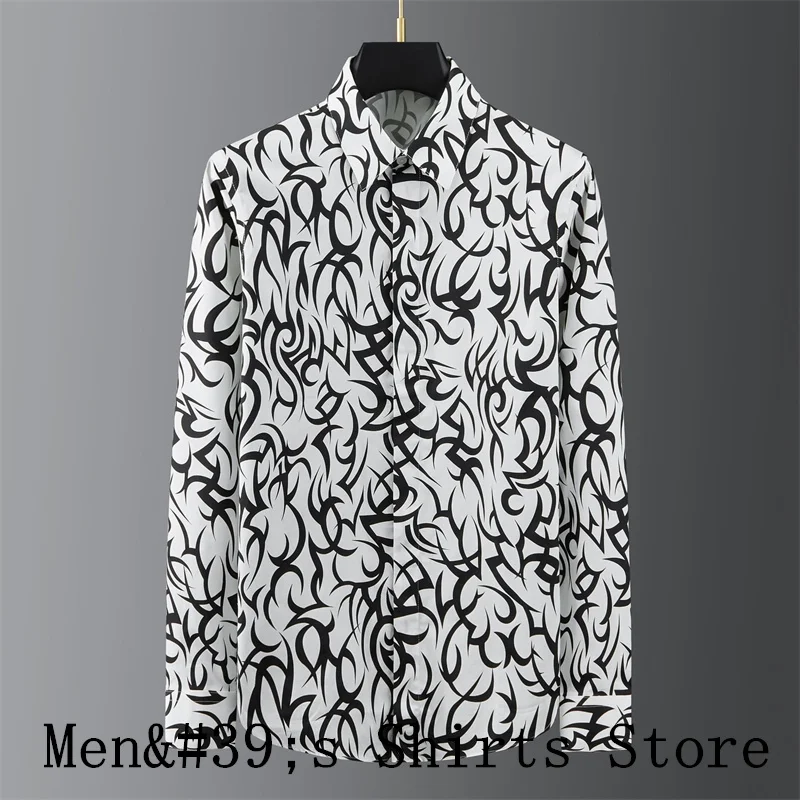 New 2024 long-sleeved lapel printed classic shirt Casual s's elastic fabric is breathable, soft and comfortable to the touch