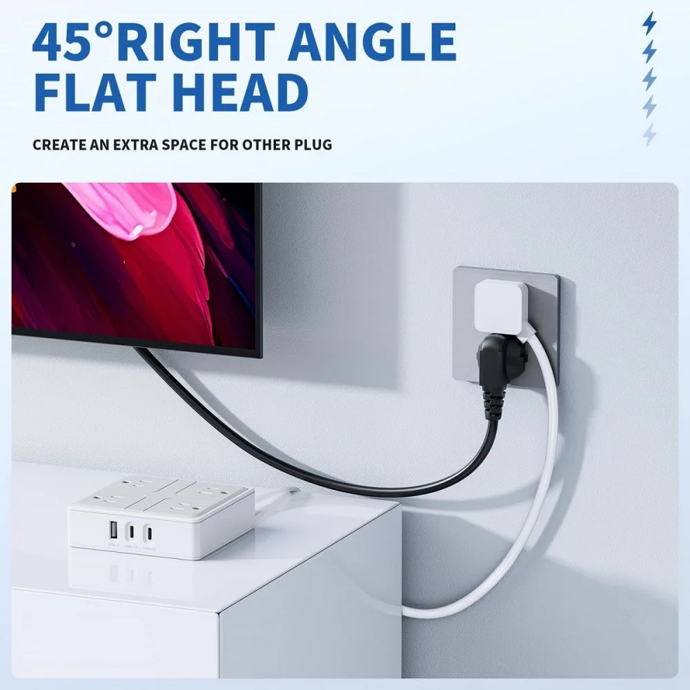 7 In 1 1250W US Power Strip 1.2M Extension Cord Socket Extender with 4AC Outlets 2USB-C 1USB-A