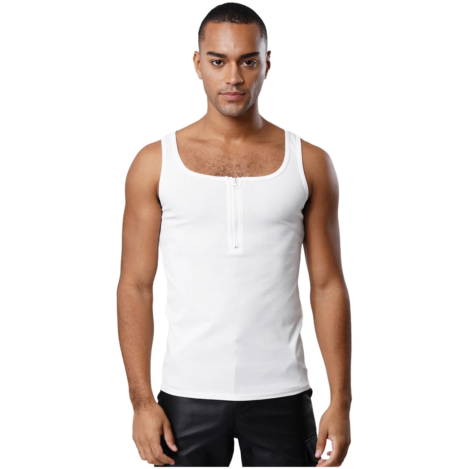 

Mens Ribbed Stretch Muscle Tank Top Breathable Quick Dry Fitness Singlet with Front Zip Vest for Gym Training Running Workouts