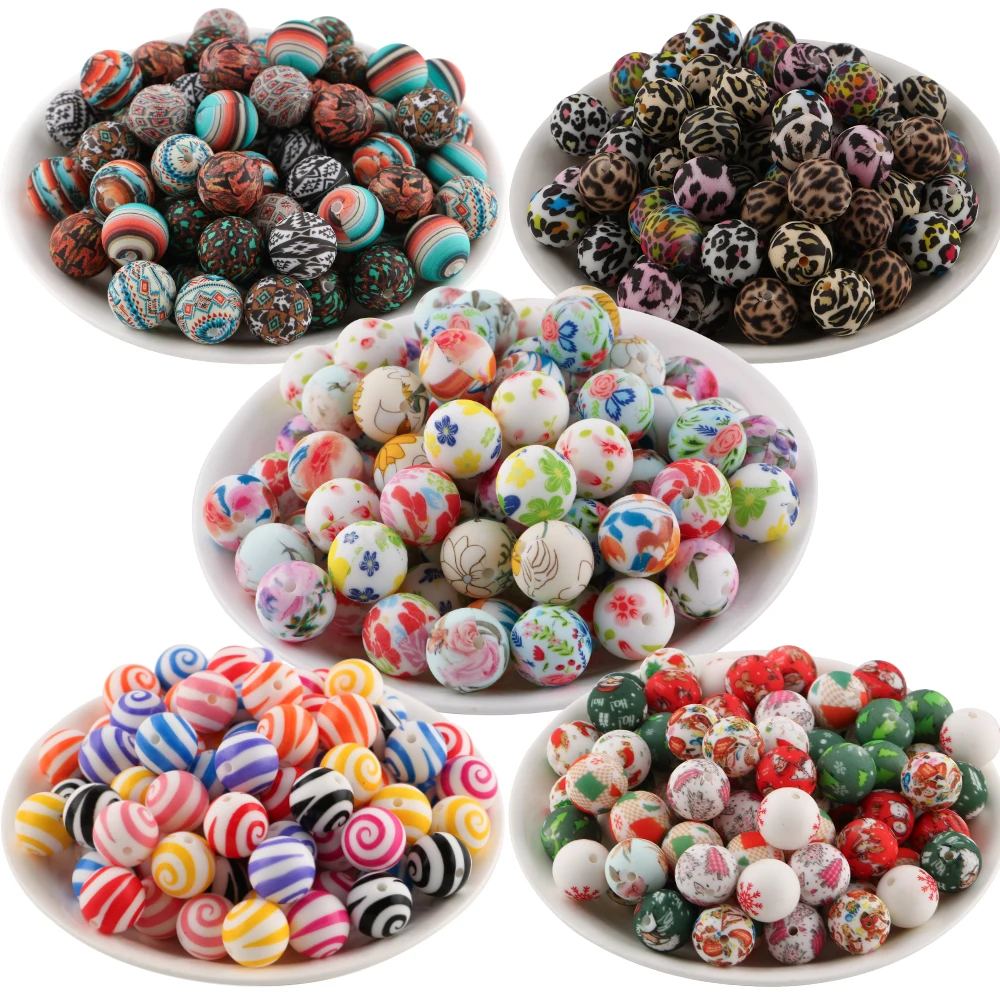 16 Stück/Set 15mm 8-Farben Silikon Bedruckte Runde Perlen Gemischtes Set für DIY Schmuck, Armband, Halskette, Ohrring usw. Handgemachtes Zubehör