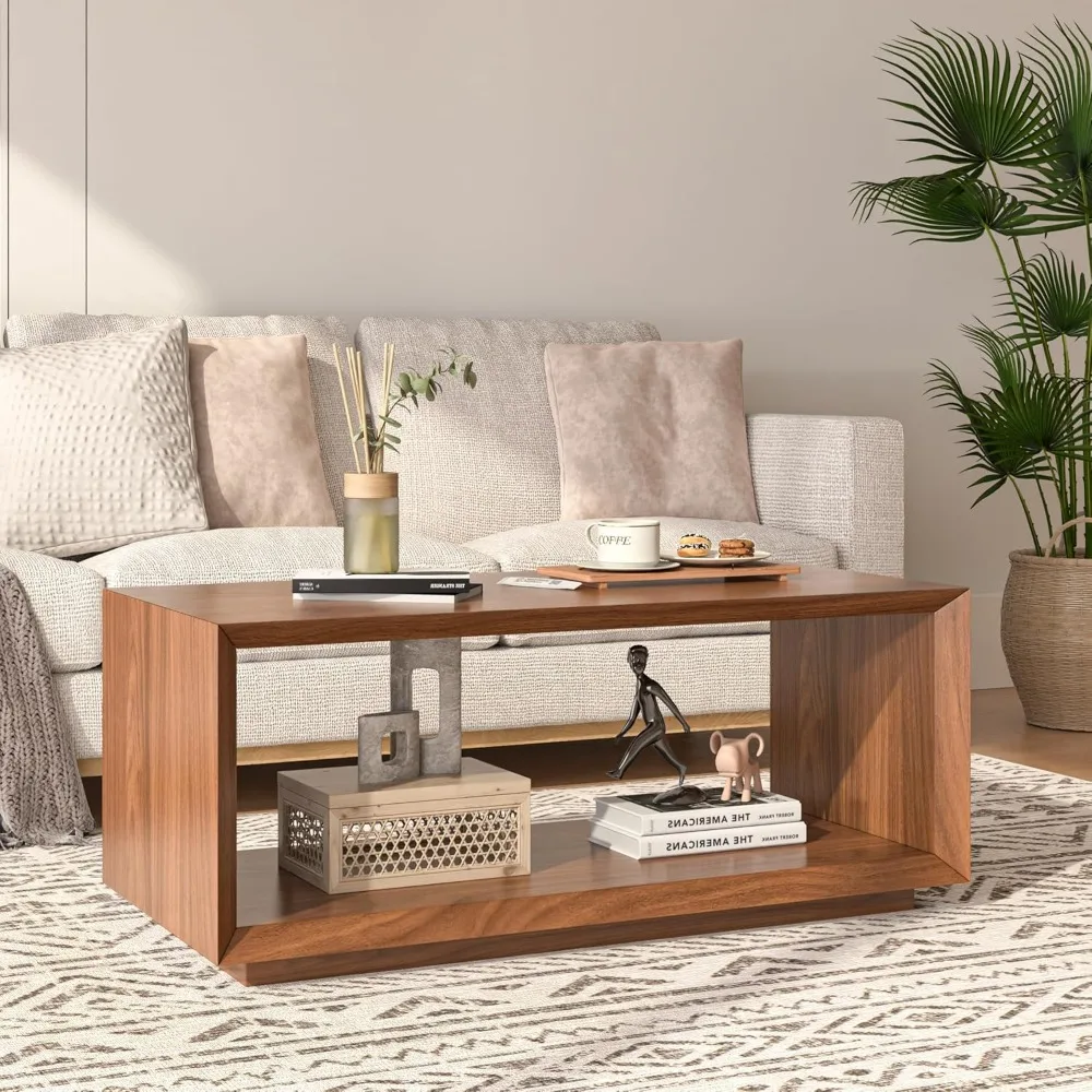 Coffee Table with Storage, Mid Century Modern, Rectangle Cocktail Tea Table, Farmhouse Wood Coffee Table for Living Room, Home O