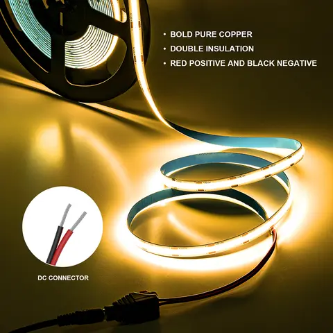 10m COB LED 스트립 8/10mm 336 480 528 LED 고밀도 유연한 FOB COB 스트립 RA90 2700k ~ 6000k 흰색 선형 조광 가능 12 24V