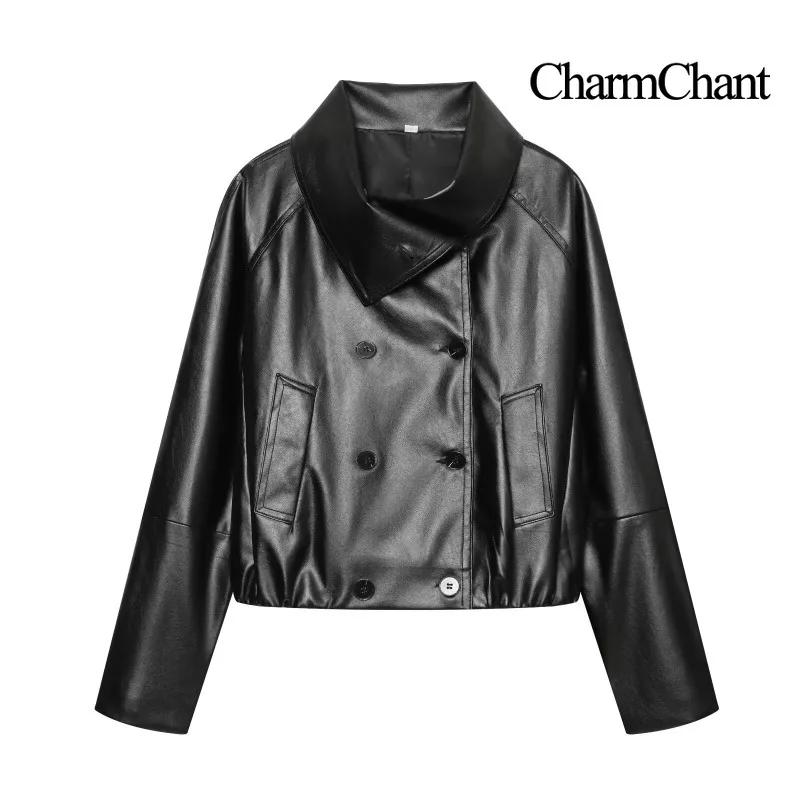 CHARMCHANT Women's Cropped Double Breasted Faux Leather Biker Jacket Outerwear For Street Style Daily Outing Fall 2026