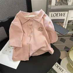 Unique Bear Embroidered Short Sleeved Women's Summer Tops 2024 Loose Vintage Blouse Spicy Girl Open Navel High Waist Top