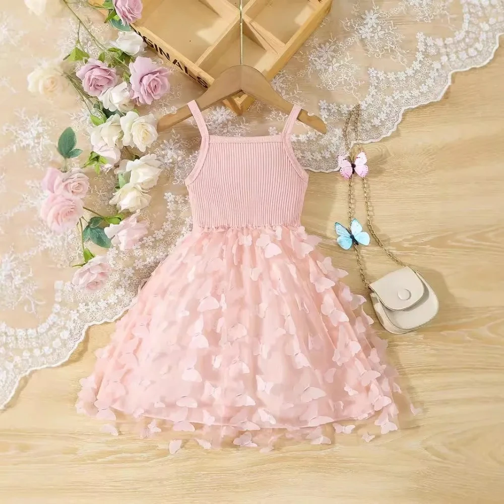 

Summer Fashion Pink Sleeveless Camisole Dresses 3D Butterfly Decoration Mesh Splicing Children's Dress Sweet Princess Costume