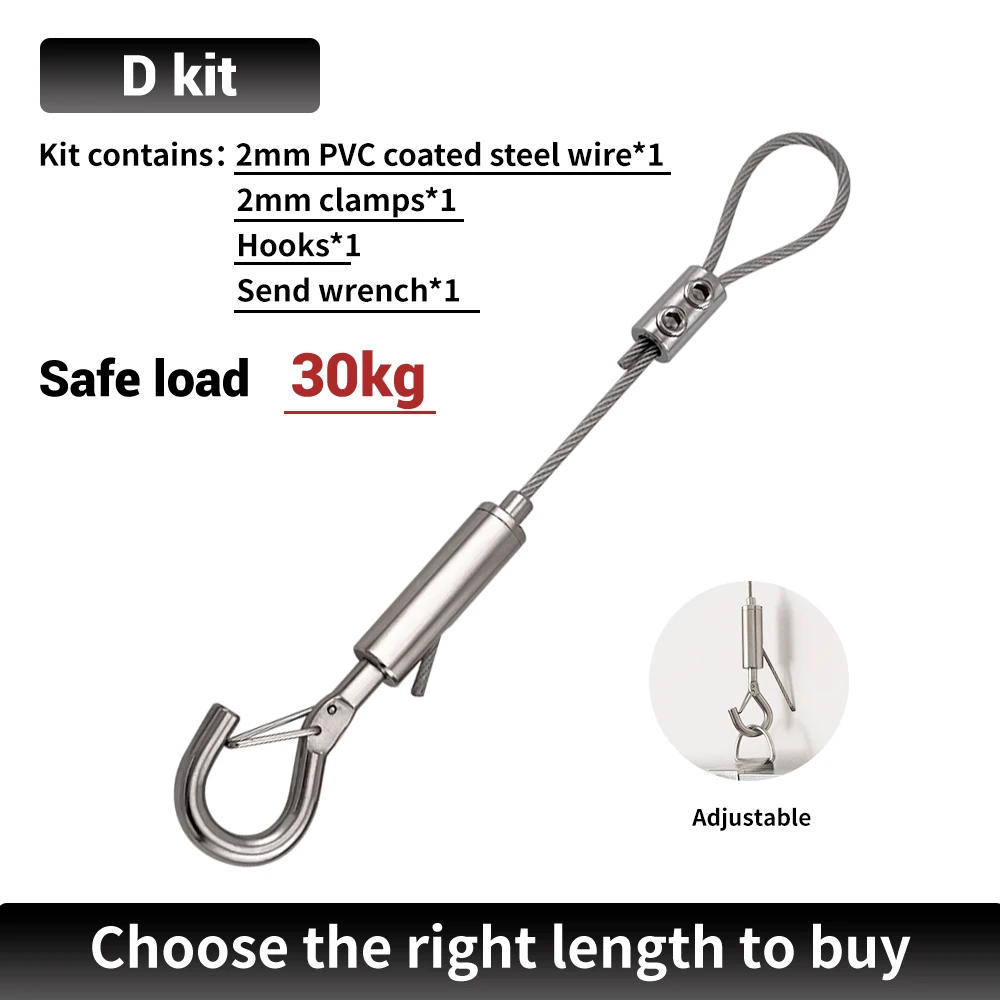 2mm PVC Coated Stainless Steel Wire Rope Adjustable Kit Wire Rope Hardware Multiple Hooks Optional Billboard Hanging
