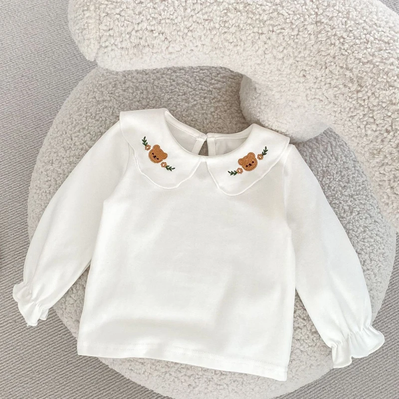 Autumn New Baby Clothing, 0-4 Year Old Female Baby, Small Bear Rusty Flower Collar Top+Strap with Mushroom Edge 2-piece Set