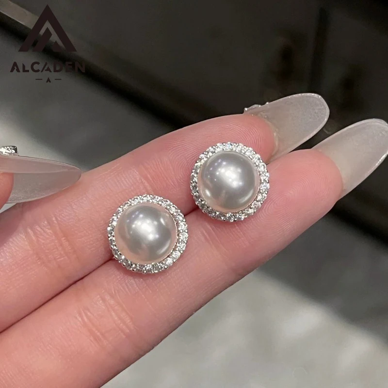 

Luxury Zircon Wreath Freshwater Pearl Studs S925 Silver 8MM Pearl Earrings Hypoallergenic Wedding Jewelry For Girls