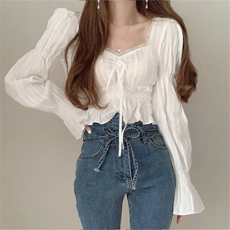 

Женская рубашка в корейском стиле с кружевными вставками и рукавами-фонариками, приталенный крой, длинный рукав, летняя новинка, элегантная и модная.