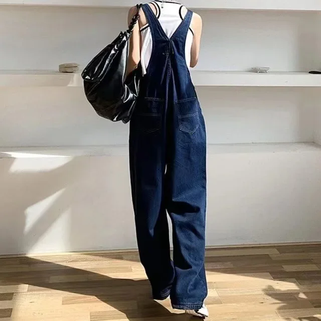 Four Seasons Women's Washed Vintage Solid Color Jeans Overalls Pants Casual Trendy Loose Korean Wide Leg Straight Denim Trousers