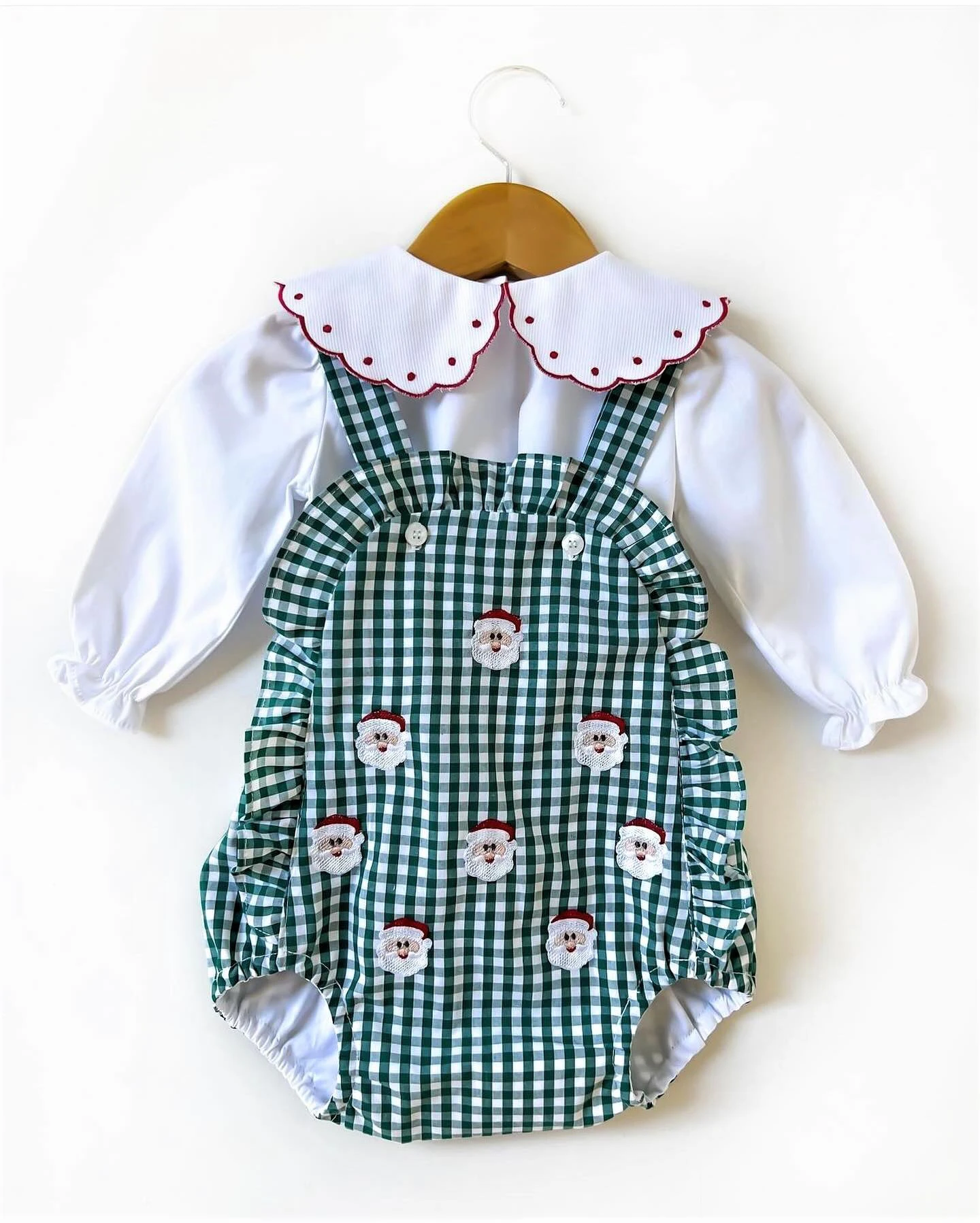 Traje de mameluco blanco a cuadros verdes con bordado de Papá Noel para bebé niño de 0 a 6 años, ideal para fiestas, cumpleaños, vacaciones, fotografía y Navidad.