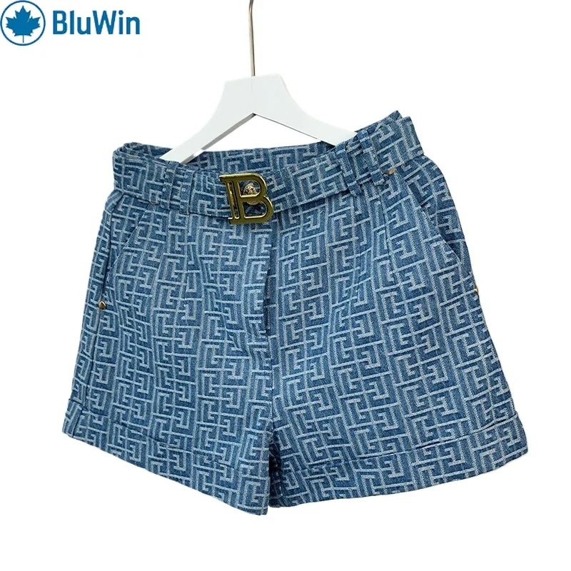 

BluWin Jacquard High-Waist Shorts - Belted, Gold-Tone Buckle, Side Pockets,5 Colors