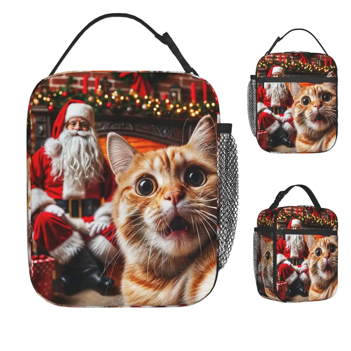 

Забавный кот для селфи с Санта-Клаусом, рождественские праздники, сумка для обеда, ланч-бокс, школьная сумка-холодильник, каваи, Оксфорд, термосумка-тоут