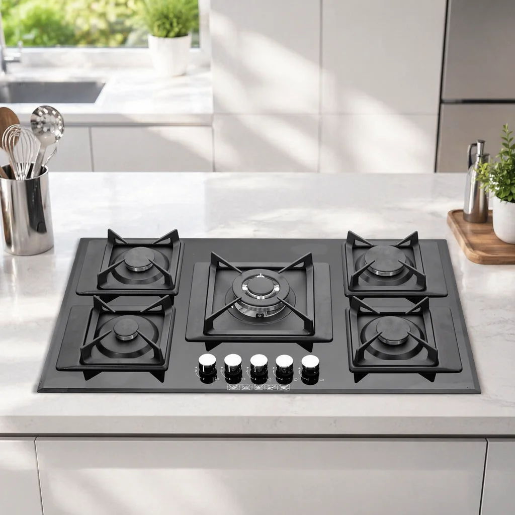 Kitchen Built-in 5 Burner Gas Hob Tempered Glass Black Glass Gas Stove Cooktop Embedded Appliance
