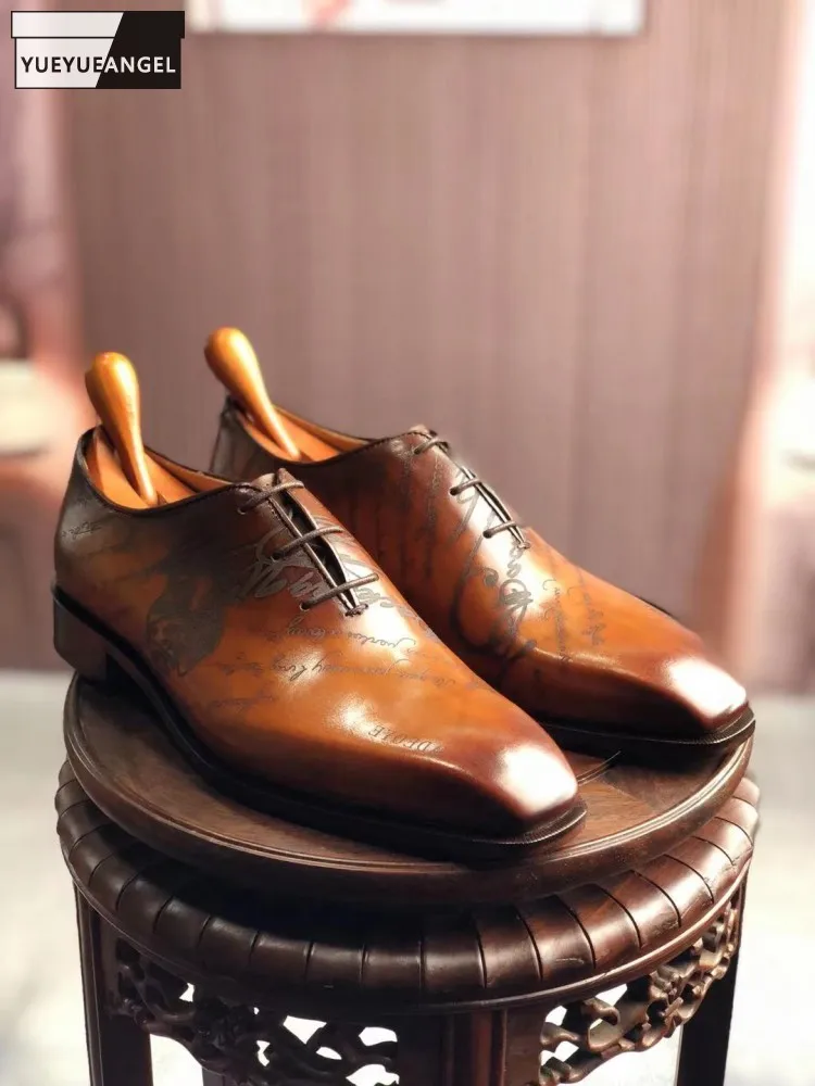 

Business Men Cowhide Genuine Leather Formal Work Shoes High Quality Spring Vintage Wing Tip Square Toe Groom Wedding Dress Shoes