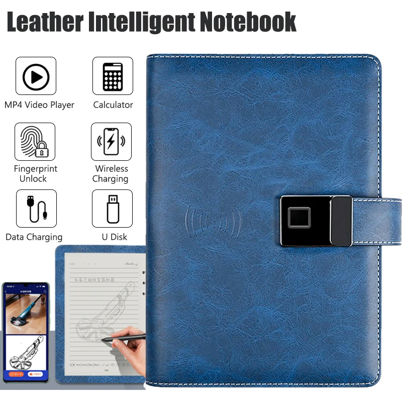 Leather Smart Notebook Without Pen Fingerprint Lock for Student Designer Business Man Record Notes Phone Wireless Charging