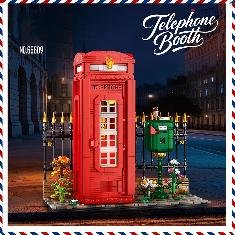 

Red London Telephone Box Building Blocks Street View Set Light Sensor LED Openable Door Mailbox Fence Model Toys For Kids Gifts