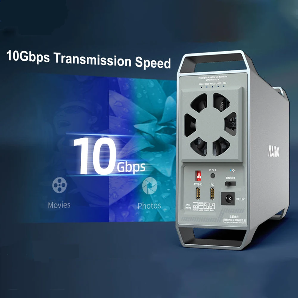 MAIWO 2 Bays RAID Type C 3.5" SATA HDD SSD Enclosure Aluminum HDD Case Up to 10Gbps With Handle Hard Drive Disk Array Cabinet