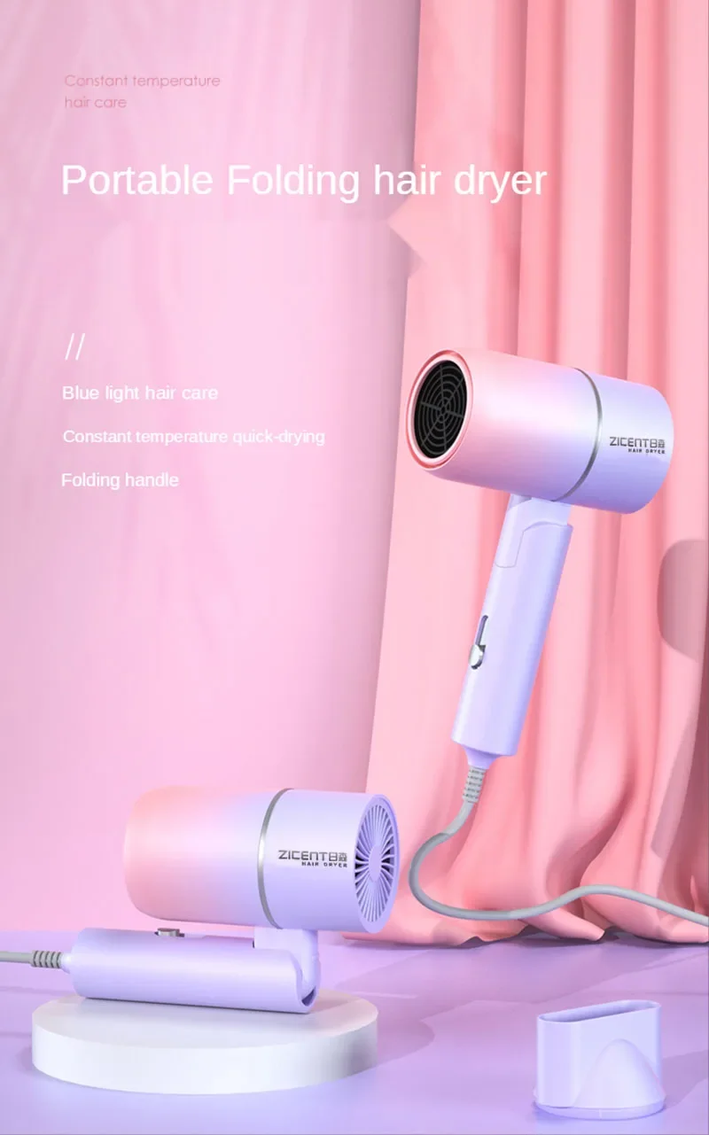 Folding Hot Air Negative Ion Hair Dryer for Home & Travel, Portable Handle, Adjustable Styles