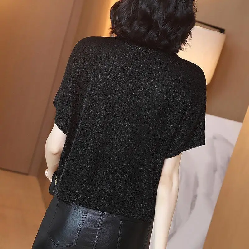 Elegant Women Autumn Summer Leopard Print Patchwork Blouse Half Neck Shirt Short Bat Sleeve Korean Casual Loose Vintage Top Lady