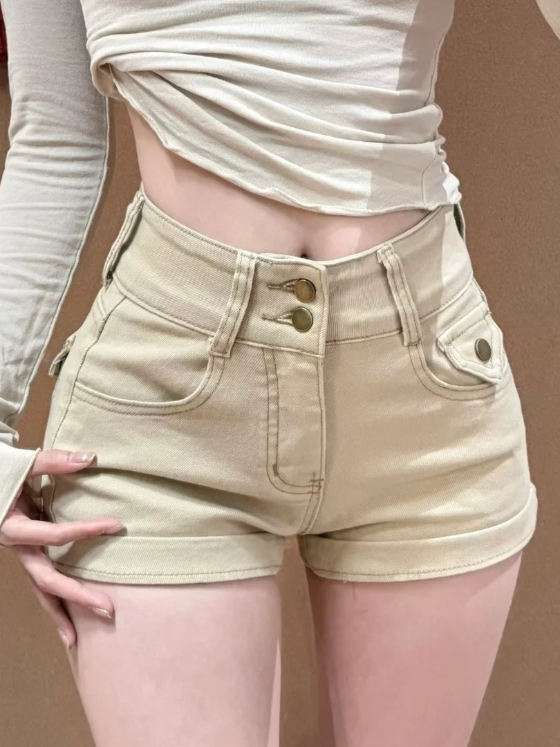 

Khaki High Waist Denim Shorts Women's Summer Slim Fit Butt Lifting Elastic Slimming A-Line Wraparound Hot Shorts