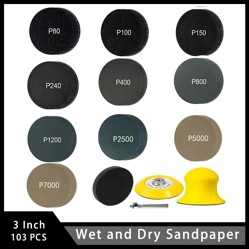 3 Inch Wet and Dry Sandpaper 103 Pcs with Hook and Loop Hand Sanding Block Sanding Plate Assorted 80-7000 Grit for Polishing Car