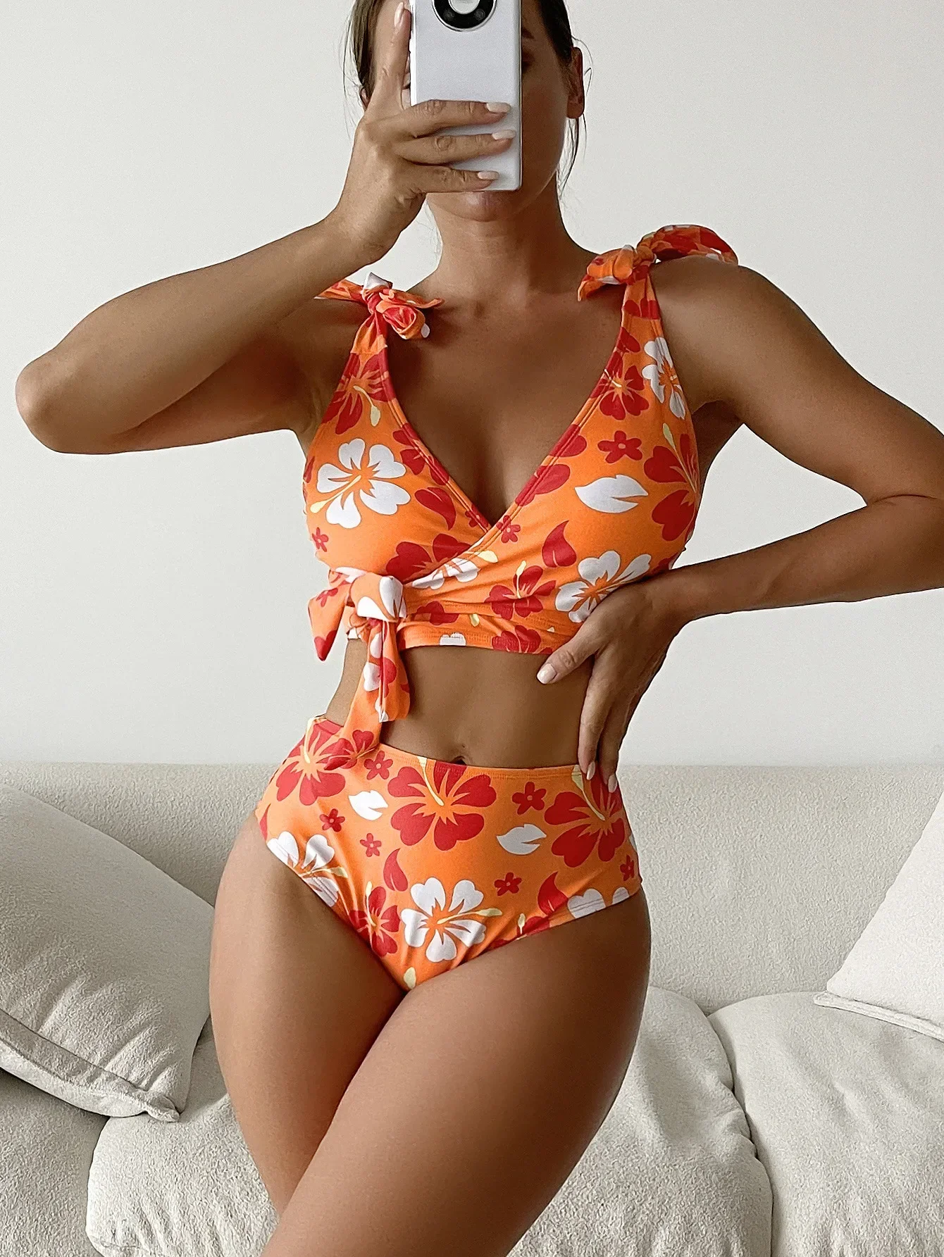 Flower Print Swimsuit for Women 2025 Orange High Waist Two Piece Bikini Set V-neck Suspender Backless Beach Bathing Suit New