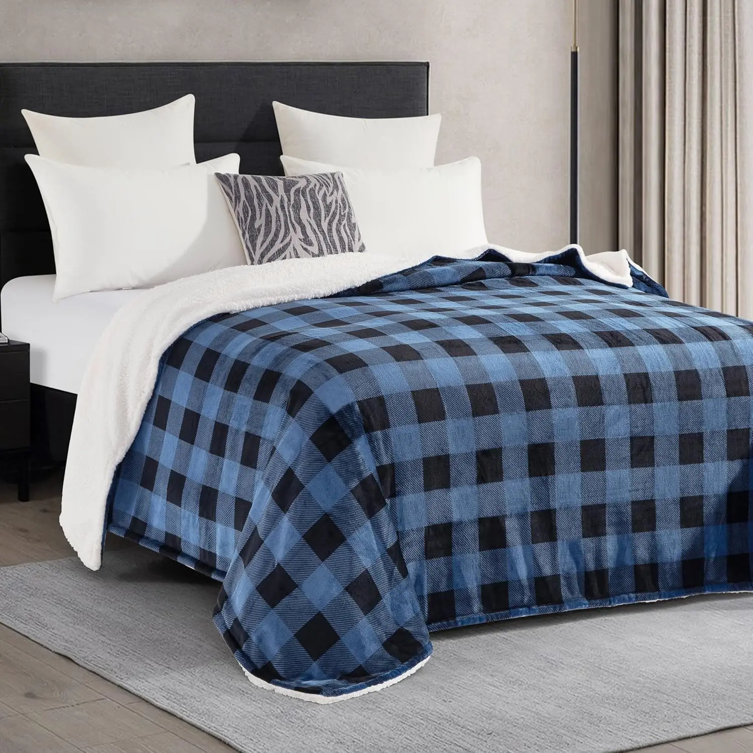 Ultra Soft Reversible Buffalo Plaid Flannel Sherpa Blanket - Cozy Silky Checkered Fleece Throw for Couch, BedFull, Blue