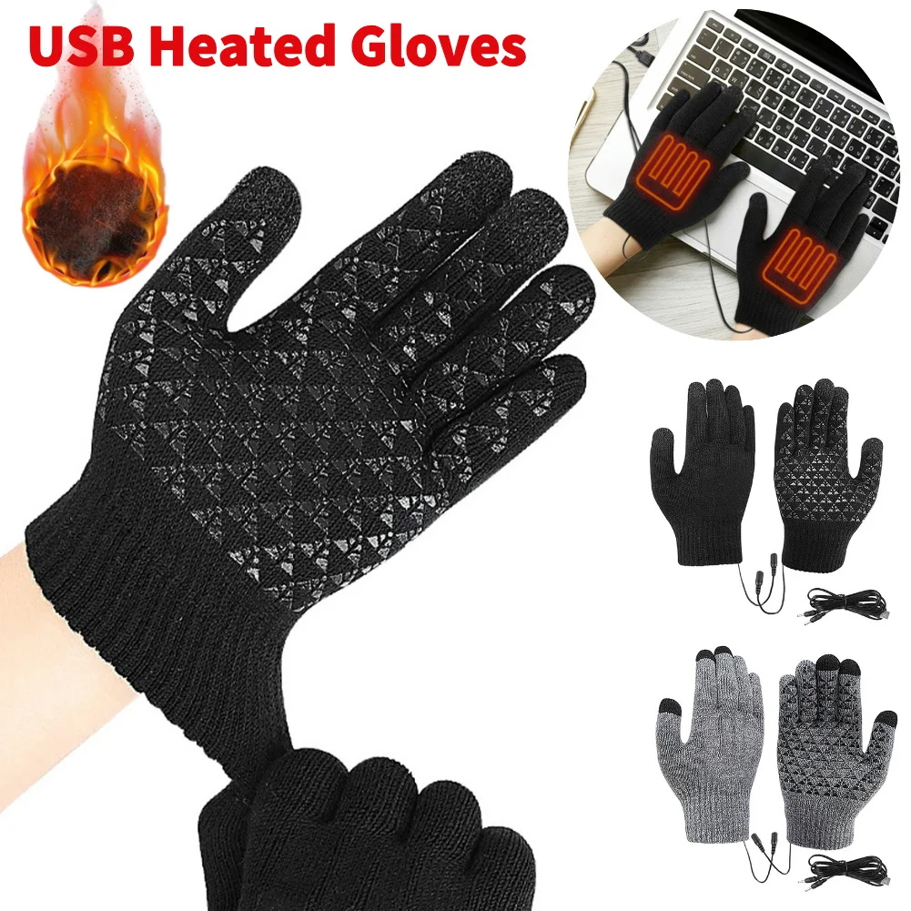 USB Heated Knitted Gloves Full Finger Gloves Non-Slip Thermal Knitting Mitts Thicken Winter Cycling Gloves for Outdoor Sports