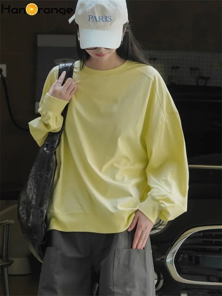 HanOrange 2024 Street Minimalist Silhouette O-neck Pullover Sweatshirt Women Loose Top White/Light Tender Yellow