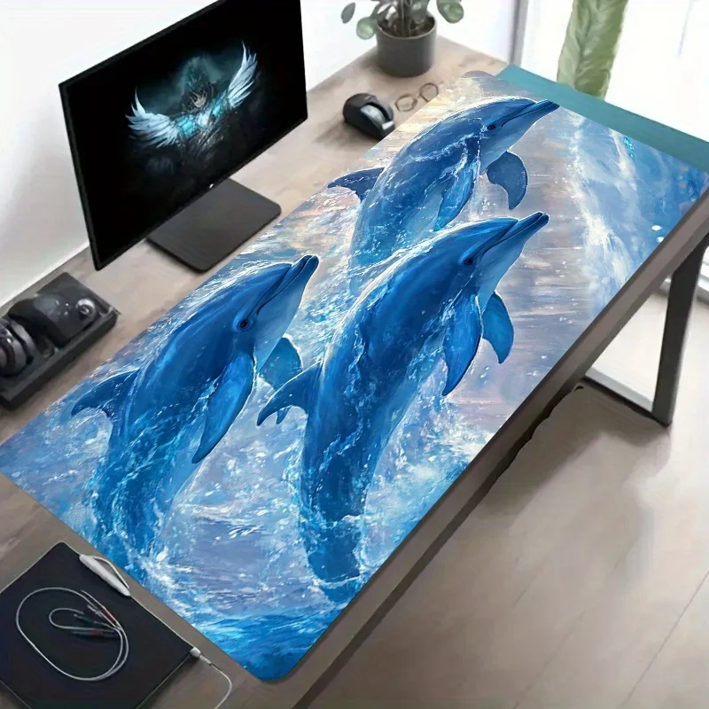 Large sports game mouse pad blue dolphin artistic pattern, anti-slip, rubber deskmat office desk accessory PC desktop decoration