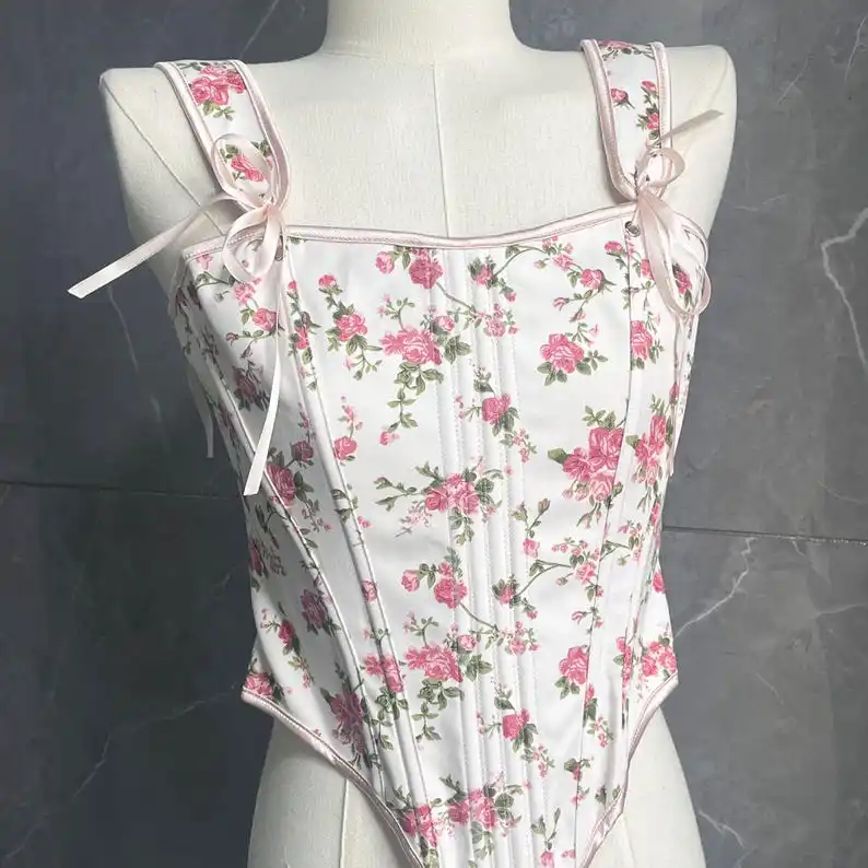 

Red vintage floral corset, peony renaissance vest, medieval painting corset top, cute small floral French bow fairy herringbone