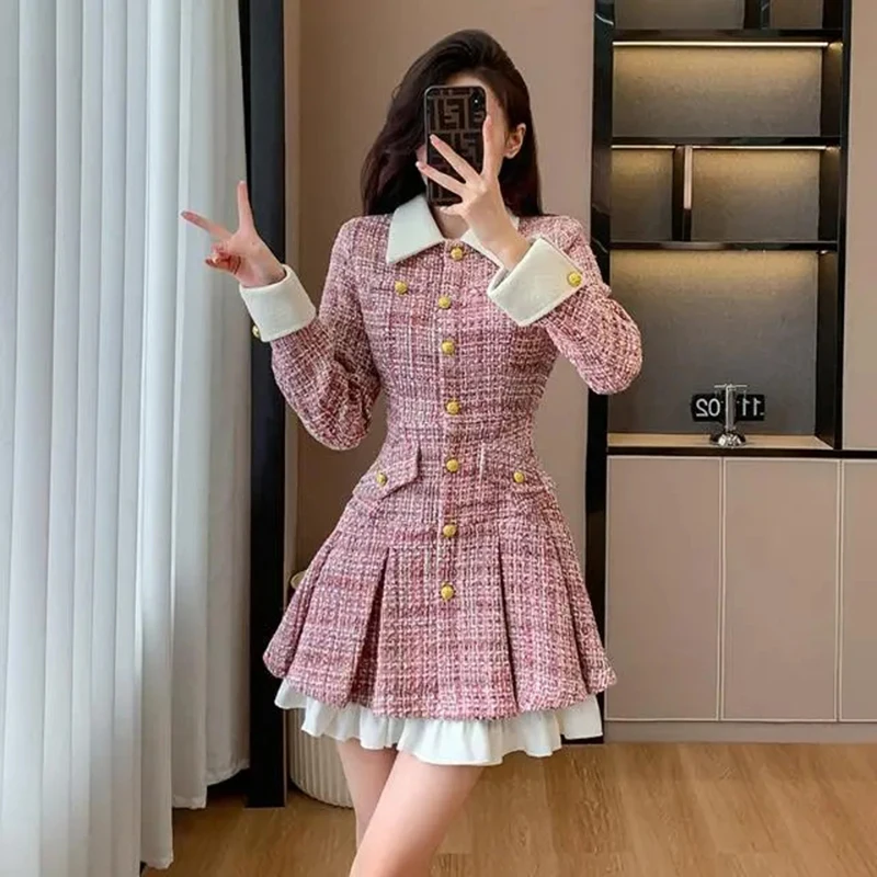 

Korean Tweed Pink Women Dress Long Sleeve Slim Commute Pleated Mini Dress Elegant Fashion Patchwork Office Lady Vestidos