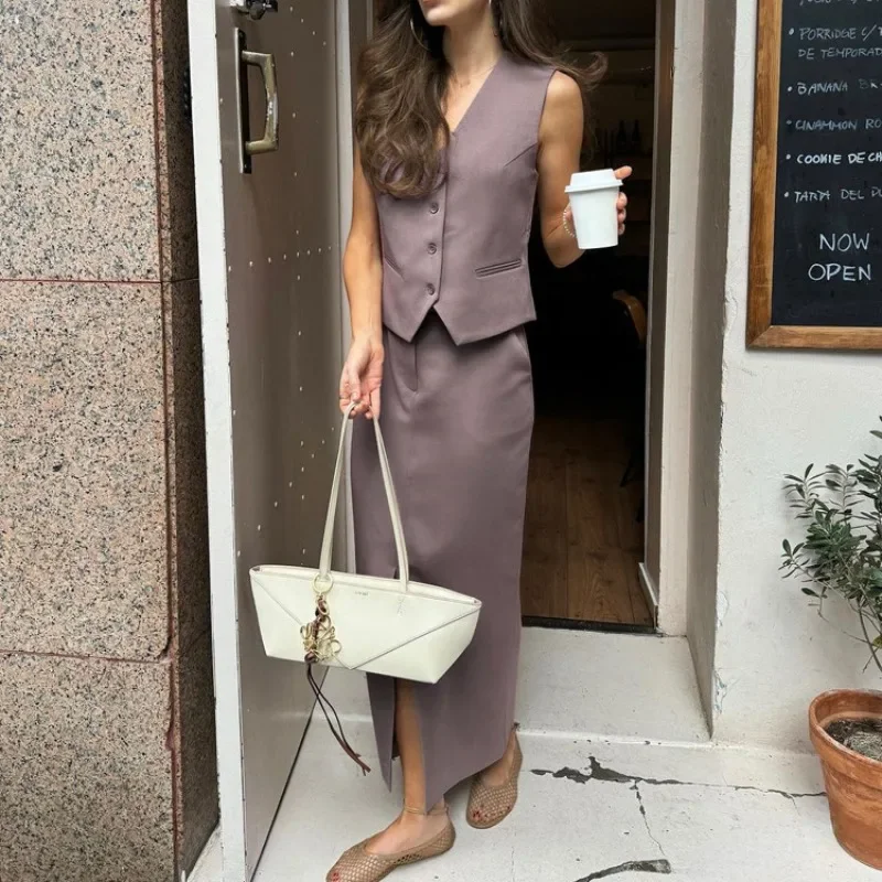 

Casual Long Dress Set V-Neck Sleeveless Vest Top Slit Skirt Set Fashion Office Lady Elegant Women Dress Set Outfits