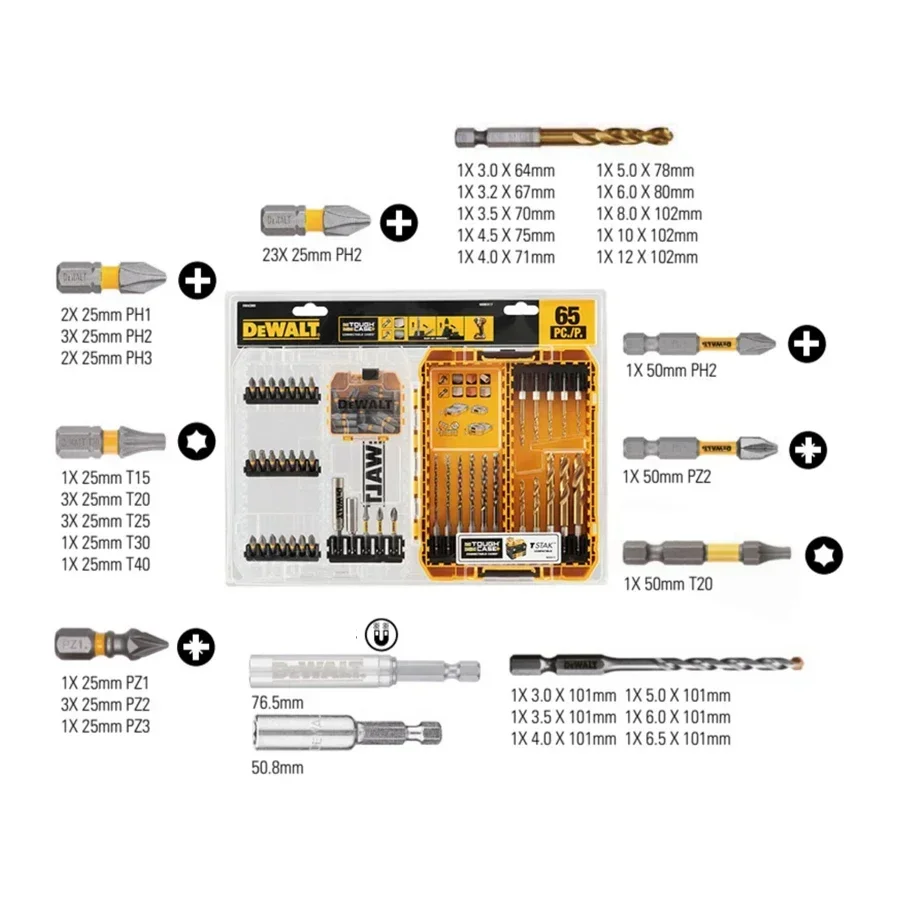 DEWALT DWACS65 65PCS Multifunctional Tool Accessories Bit Set Extension Bit Holder and Drill Bits