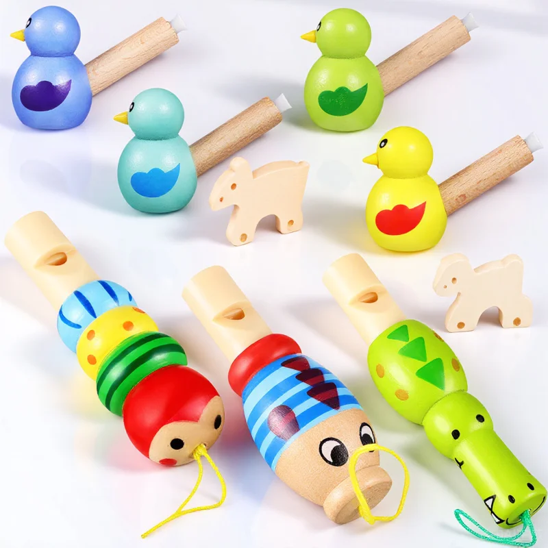 7Pcs Wood Animal Whistles Colorful Cartoon Shapes Musical Educational Gifts Improve Kids Sound Rhythm Lung Exercise