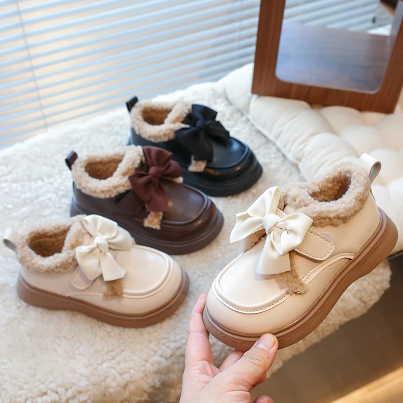 

Children Plush Leather Shoes Winter New Warm Cotton Thick Sole Bowknot Kids Girls Warm Non-slip Cotton Toddler Casual Shoes